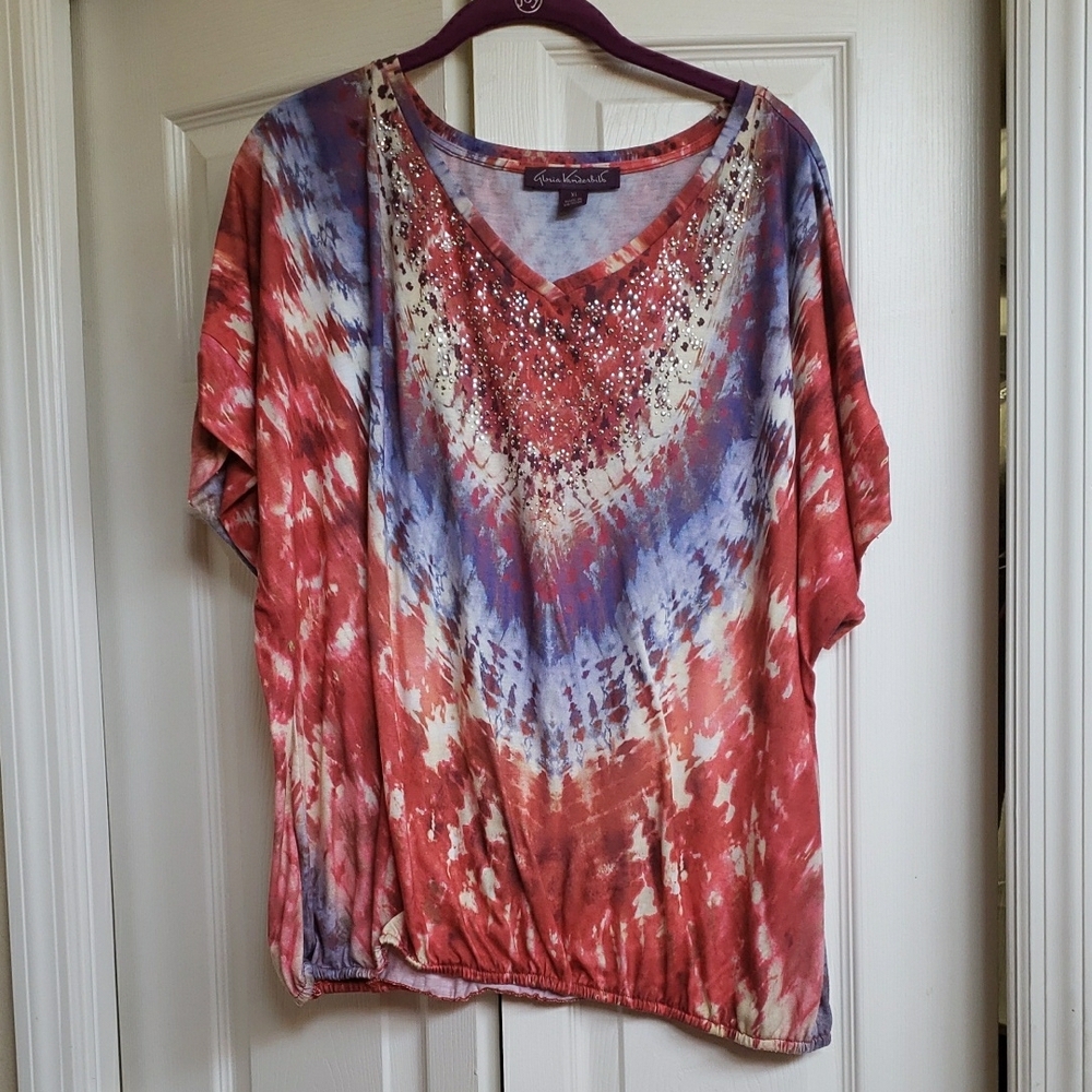 Orange and Purple Embellished Flutter Sleeve Blouse
